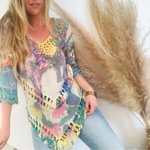 Rain Couture Boho Tunic‎ Top/Coverup Pastel Floral Crochet Multicolor Sz Small
